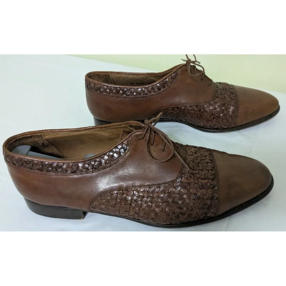 Johnston & Murphy Domani Brown Leather Cap Toe Basketweave Lace Oxford 12M Italy